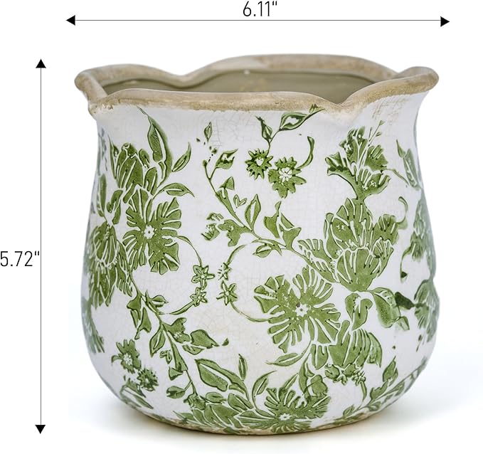 Dosayes Rustic Ceramic Planter, 6 Inch Tuscan Vintage Flower Pot with Drainage, Farmhouse Garden Pot for Indoor Plants, Kitchen & Garden Tuscan Decor, Plant Lover Gift (Green)