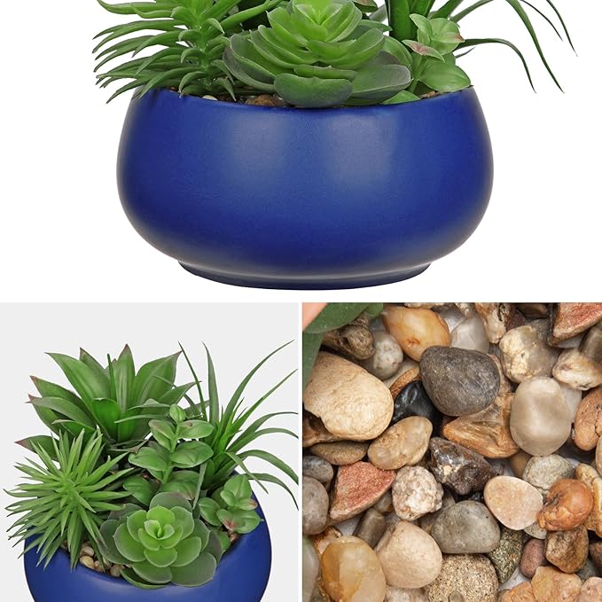 Hollyone Fake Plants Artificial Succulents in Pots Faux Succulent Arrangement Potted Plant in Blue Ceramic Planter Bowl for Home Decor Office Desk Bathroom Shelf Living Room Indoor Decorations