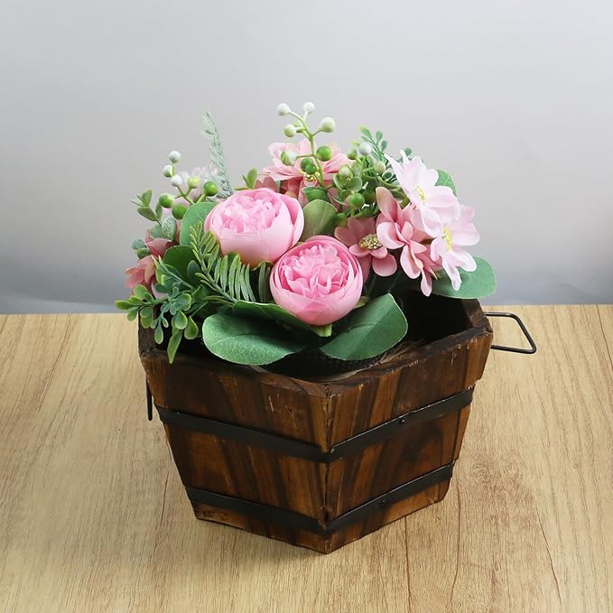MY MIRONEY Wooden Barrel Planter Vintage Style Wood Bucket Rustic Garden Flower Plant Pots Container with Metal Handles, Hexagonal, 8.27" x 4.72"
