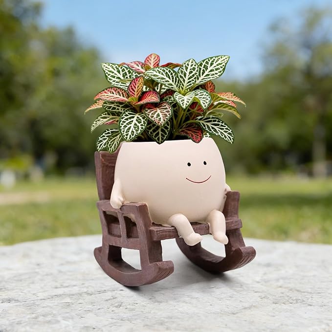 Smile Face Rocking Chair Planter Pot for Indoor Outdoor Plants, Unique Sit Rocking Chair Succulent Flower Pots, Cute Head Planters with Drainage Hole - Gift IdeaI for Mother and Grandma