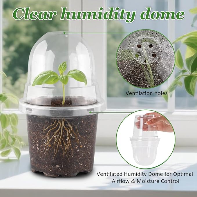 RooTrimmer 60 Pack Clear Nursery Pots with Humidity Domes, 4 Inch Plastic Plant Pots with Drainage Holes for Seedlings, Transparent Seed Starting Pot for Cuttings Propagation Indoor Gardening