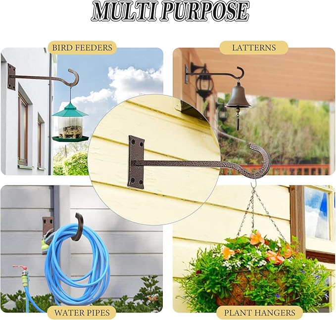 QIEGL 10inch Heavy Duty Plant Hangers Outdoor or Indoor Bird Feeder Hanger Shepherd Hooks 2pcs Bronze hammertone Metal Wall Hook for Hanging Plant Bracket, Lantern, Flower Basket, Wind Chimes