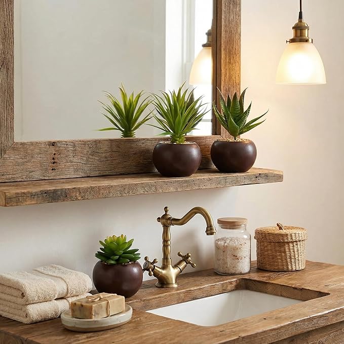 MyGift Succulents Plants Artificial, Fake Faux Indoor House Plants in Round Brown Ceramic Pots, Set of 3