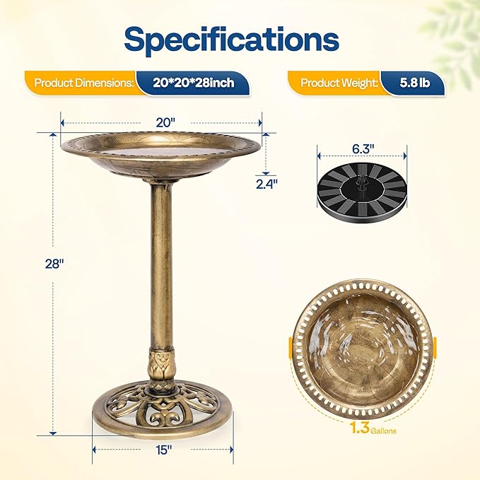 VIVOHOME Bird Bath with Solar Fountain for Outside, Polyresin Pedestal Bird Baths with Solar Powered Pump for Outdoor, Garden, Weather-Resistant Birdbaths with 20" Bowl, Golden
