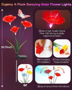 Solar Garden Lights Outdoor Waterproof 4 Pack Swaying Butterfly Light with 7- Color Changing Rose Flowers Solar Lights for Outside Garden Decor Lawn Yard Patio Path,Gifts for Women Mother's Day