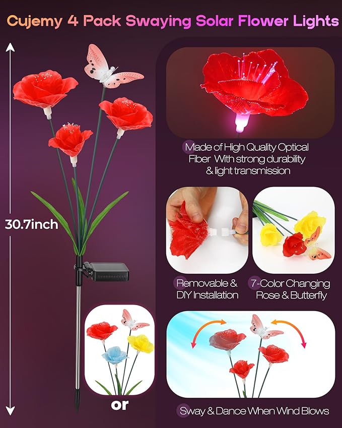 Solar Garden Lights Outdoor Waterproof 4 Pack Swaying Butterfly Light with 7- Color Changing Rose Flowers Solar Lights for Outside Garden Decor Lawn Yard Patio Path,Gifts for Women Mother's Day