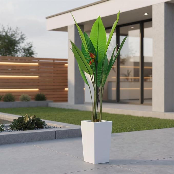 4.7FT Artificial Bird of Paradise Plant, Faux Banana Tree in White Tall Planter, Decorative Evergreen Tropical Floor Plant for Living Room, Entryway, Porch, Office