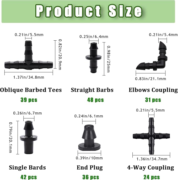 220Pcs Barbed Connectors Irrigation Fittings Kit,Irrigation Connector for 1/4" Tubing Garden Lawn Irrigation,End Plug,Barbs,Straight Barbs,Single Barbs,4-Way Coupling,Tees