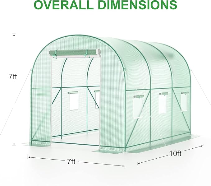 10x7x7 Walk-in Greenhouse with Watering System, Heavy Duty Green House for Outdoors, Portable Green Houses for Outside, Winter Hot House with Metal Frame & Roll-up Zipper Door Screen Windows