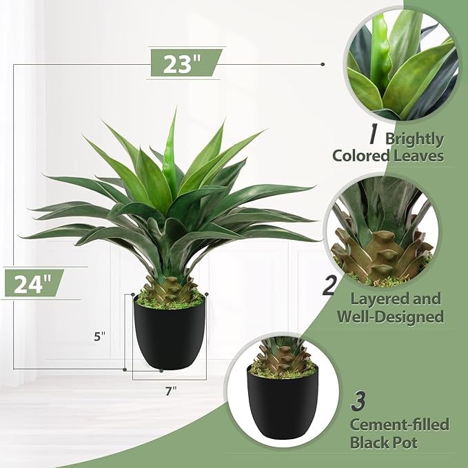 Artificial Agave Plant 2ft - 24" Large Fake Aloe Vera Plants Indoor with Fake Grass - Fake Floor Plant for Front Porch Patio Home Office Door Step Hotel Desert Style Decor 2PCS