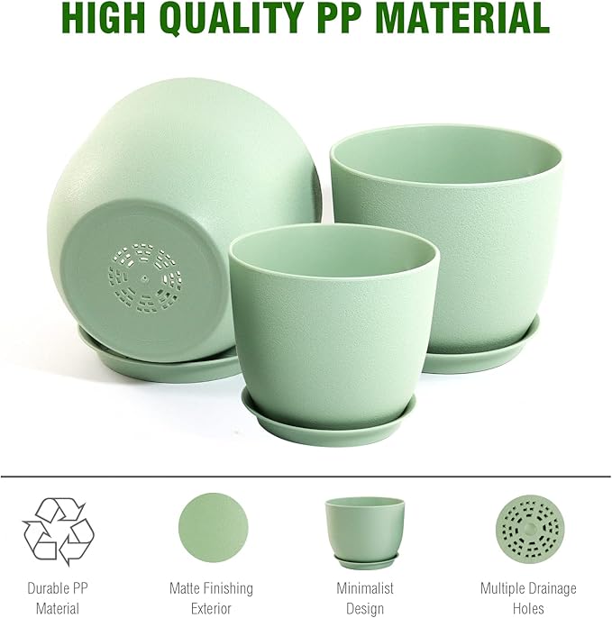 WSMKSZ Medium Plant Pots 10/9/8 inch, Flower Pots for Indoor Outdoor Plants, Set of 3 Modern Decorative Plastic Planters with Drainage Holes and Saucers for House Porch Garden Plants, Green