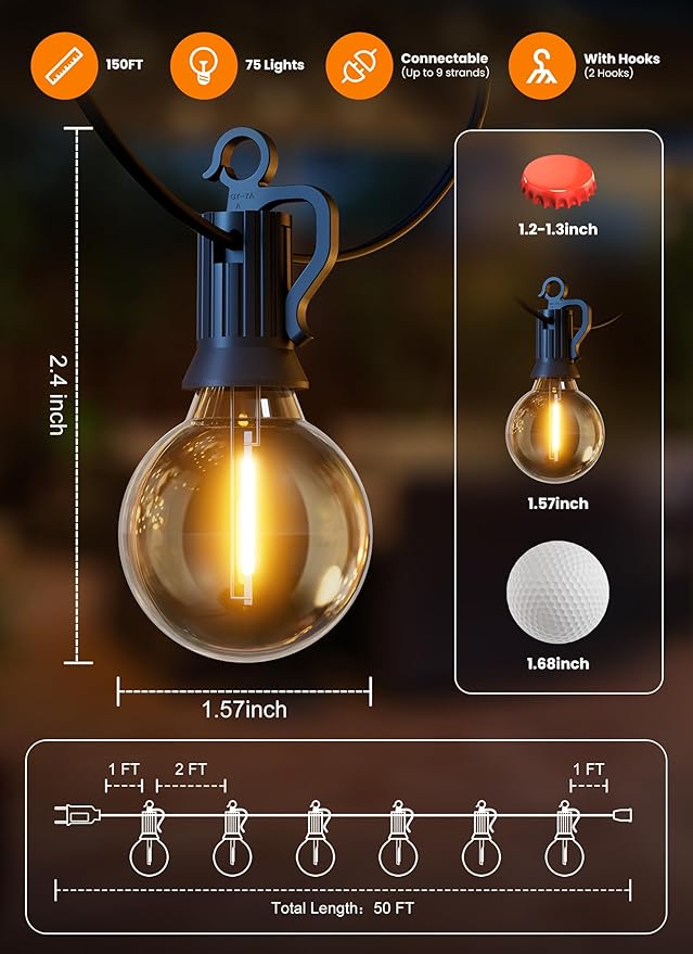 Outdoor String Patio Lights, 150FT 75 LED Patio Lights Waterproof, Connectable Shatterproof Hanging Outside String Light for Backyard, Porch, Deck, Balcony, Garden, House Decor, 2200K