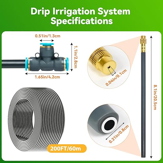 360°Adjustable Drip Irrigation System 200FT,5/16" Extra Long Garden Watering Kit with 32 Copper Nozzles,141Pcs Drip Irrigation Kit，Automatic Atomizing Plant Sprinkler for Large Yard, Greenhouse, Lawn
