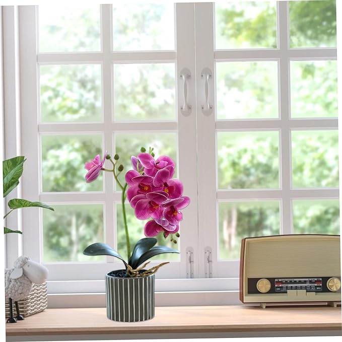 Artificial Orchid 12.6 Inch Tall Realistic Faux Orchid in A Pot Real Touch Decorative Bonsai Fake Flowers for Table Centerpieces Living Room Home Decor Purple
