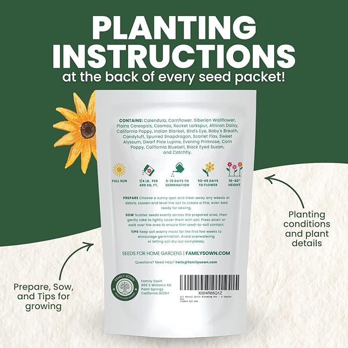 All Annual Quick Blooming Mix - 67,000 Flower Seeds for Planting - Wildflower Mix - Large 4 Ounce Packet