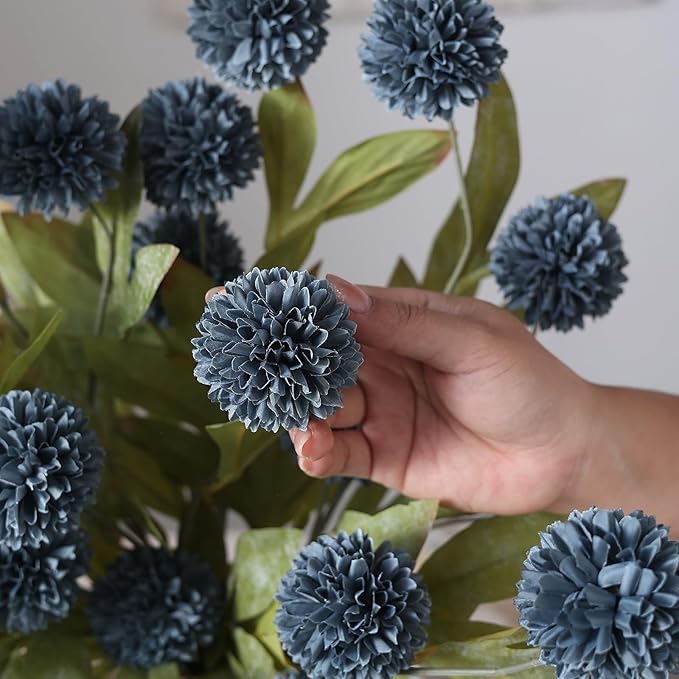 VIERENA 6 Pcs Faux Silk Pompon Mum Artificial Flowers for Vase -27", Bulk Fake Chrysanth Branches with Stems for DIY Bouquet Centerpieces Wedding Fillers Arrangements Shower Decorations (Dark Blue)