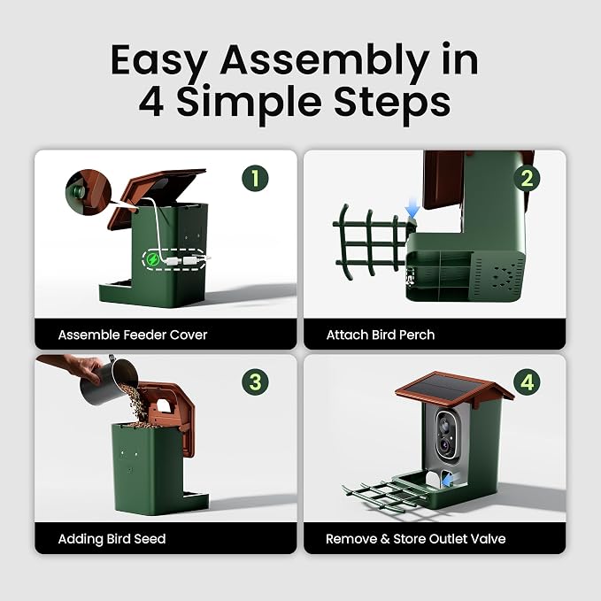 Smart Bird Feeder with Camera Solar Powered 2K HD Video, 10,000+ Species AI Recognition, Real-Time App Alerts, and Weatherproof Design for Effortless Birdwatching, Gift for Father's Day, Green Brown