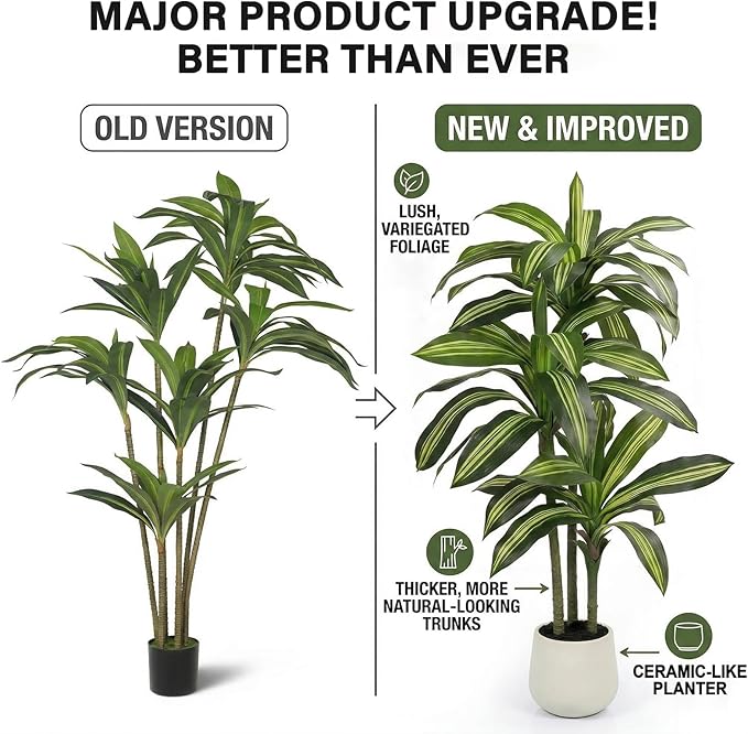 5FT Artificial Tree Dracaena Plant in Decorative Pot-Realistic Fake Plant for Indoor Outdoor Use,Home Office Living Room Decor,Real Touch Leaves,Housewarming Gift,Black Planter