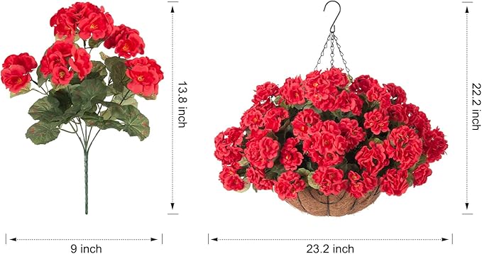INSPRING Geraniums Artificial Flowers Hanging Basket for Outdoors Outside Spring Decoration, 8 Bundles Silk Flowers Fake Plants Look Real UV Resistant for Porch Home Patio Balcony Yard, Red
