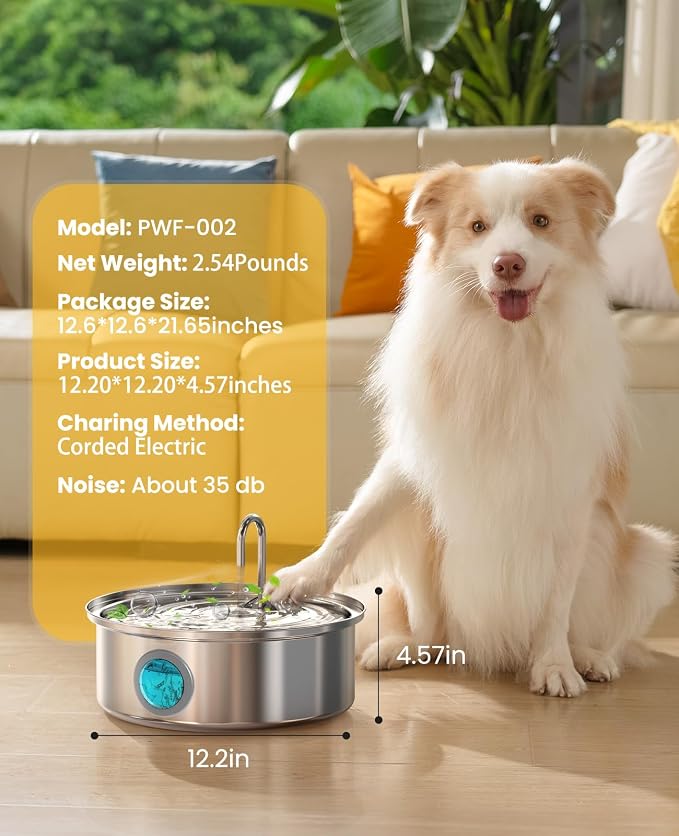 oneisall Dog Water Fountain Stainless Steel for Large/Medium Dogs,7L/230oz Pet Fountain with Visual Water Level,Ultra-Quiet Water Bowl with 5-Stage Filtration,Dispenser for Living Room Kitchen