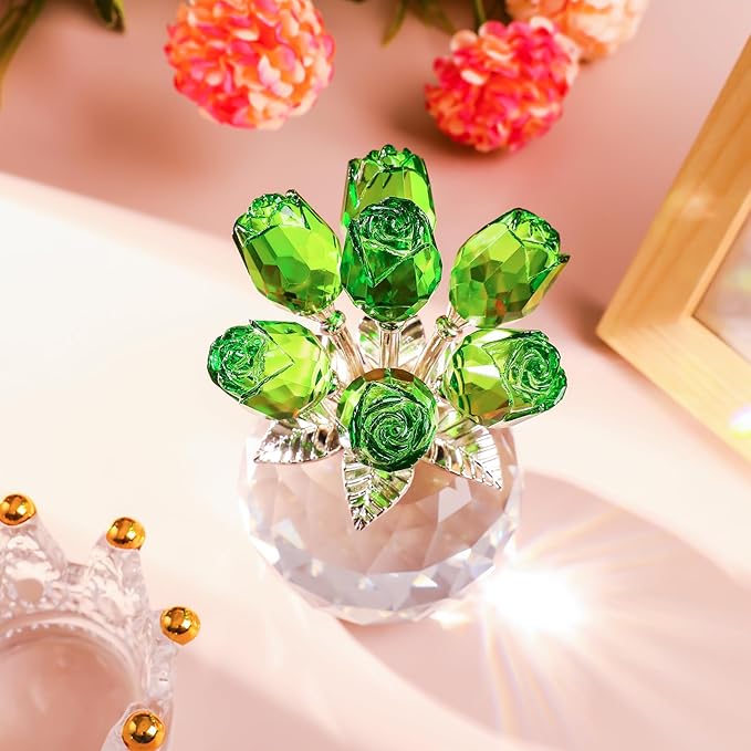 YWHL Handmade Crystal Green Rose Flower Figurine with Round Vase, Bouquet Rose Flowers Gifts for Wife Mom on Anniversary Birthday Christmas, Glass Rose Flower for Sister Friends, Wedding Home Decorati