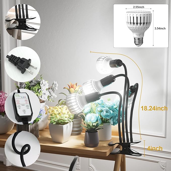 GooingTop Grow Light,48W (320Watts Equiv) 5000K White Full Spectrum LED Growing Lamp Clip on Desk for Indoor Plants,Bulbs Replaceable & Non-dimmable