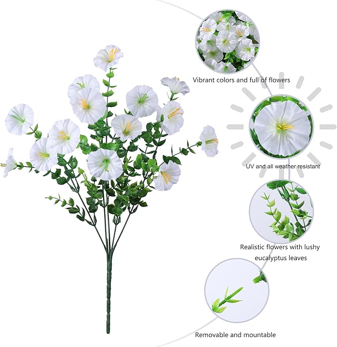 Ivydale 24 Bundles Artificial Flowers for Outdoors Spring Outside Decoration, Faux Silk Petunias White Fake Flowers Bulk Realistic UV Resistant Plants for Outdoor Planters Porch Patio Garden Yard Home