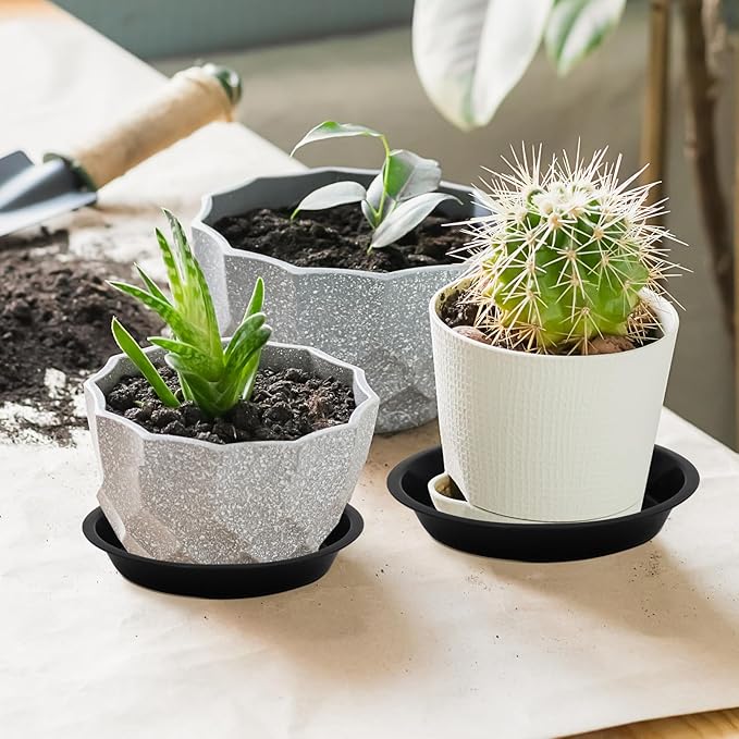 6pcs Black Plastic Plant Saucers (4 inch) - Heavy Duty Indoor Plant Trays for Pots with Water Drainage, Drip Catcher & Decor (Set of 6 Round Saucers)