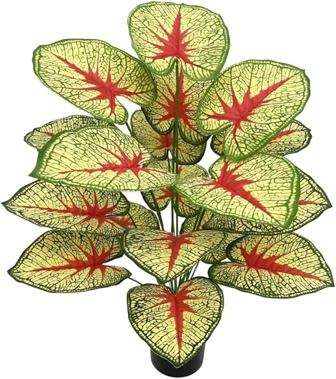 Artificial Caladium Plant with Red and Green Leaves, Red Leaf Artificial Plants Decoration Simulated Bonsai Potted Decor Home Room Party Wedding Office Floor (Yellow(No Flowerpot), 75cm)