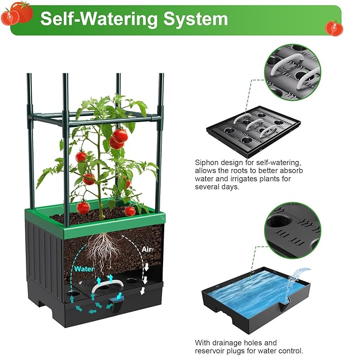 Raised Garden Bed Planter Boxes with Trellis,1pcs 70.9" Self-Watering Tomato Planter Boxes with Trellis for Climbing Vegetables Plants Flowers Tomato,Use for Indoor Outdoor (Black)