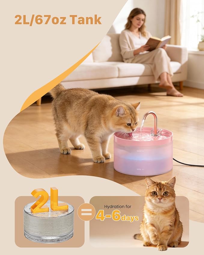 Cat Water Fountain Pink for Drinking: 67oz/2L Cat Fountain - GIOTOHUN Cute Pet Water Fountain for Cats Inside - Quiet Pet Fountain - Faucet Cat Drinking Fountain - Suitable for Kitty & Kitten
