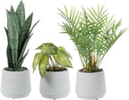 MyGift Modern Assorted Artificial Plants Potted in White Textured Planter Pots, 3 Piece Combo Set Tabletop Greenery House Plant Includes Faux Mini Palm, Arrowhead Vine, and Snake Plant