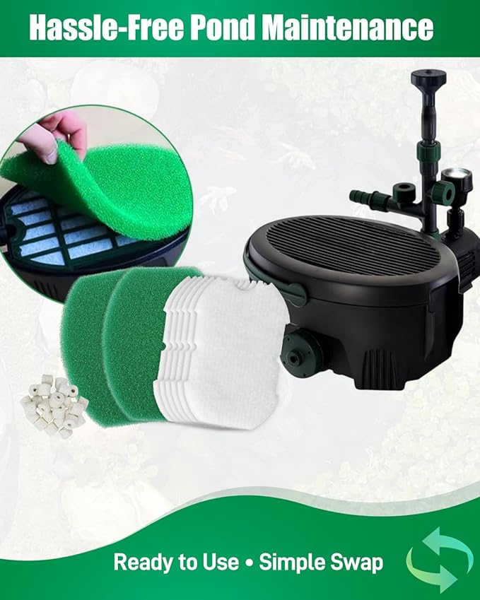 16 Pack Pond Filter Media Kit Compatible with Aquagarden Inpond 5in1 200 Gallon, 12 White Floss Pads, 2 Thick Foam Filters, 2 Bags Ceramic Rings