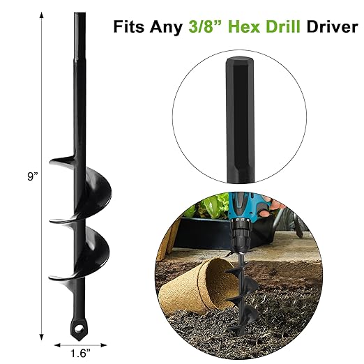 2 Pack Garden Auger Spiral Drill Bit Set - 3 x 12 Inch & 1.6 x 9 Inch with Garden Gloves, Planting Bulb, Bedding Plants, Digging Weeds Roots, Post Umbrella Hole Digger for 3/8" Hex Drive Drill