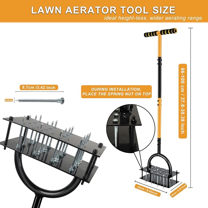 Manual Lawn Aerator Tool with 16 Steel Spikes, Adjustable T-Handle Hand Aerator Lawn Tool with 4-Spring Self-Cleaning Design for Soil Loosening & Grass Root Growth in Lawn, Garden & Backyard