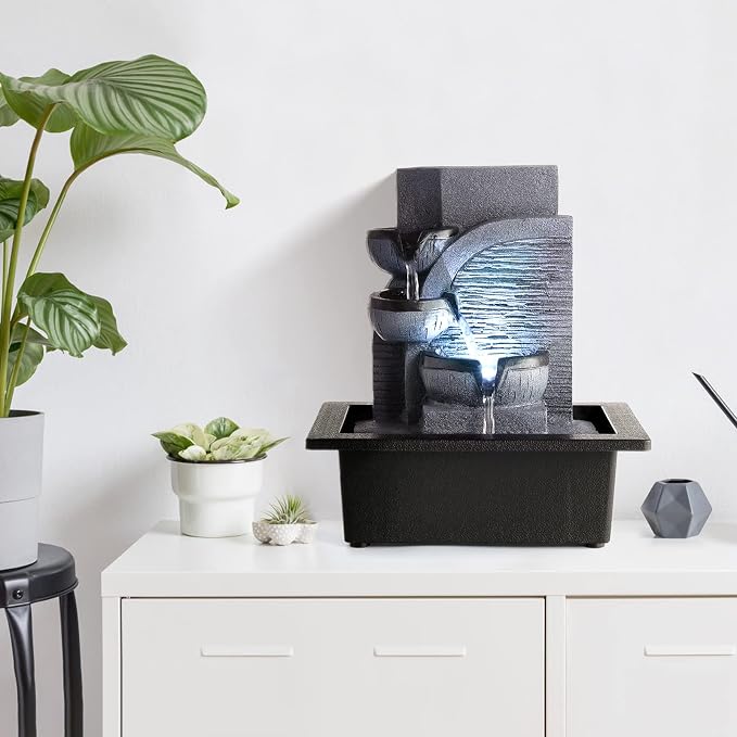 WICHEMI Tabletop Water Fountain with LED Lights Indoor Waterfall Fountains Relaxing Water Feature Indoor Fountains Zen Meditation Desktop Fountain for Home Office Bedroom Decor (Style 6)