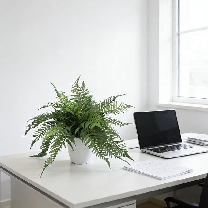 Artificial Fern Plant in Pot, 12'' Fake Desk Plant, Realistic Faux Greenery for Home Office Bathroom Shelf Décor, No Maintenance Indoor Plant (1 Pack)