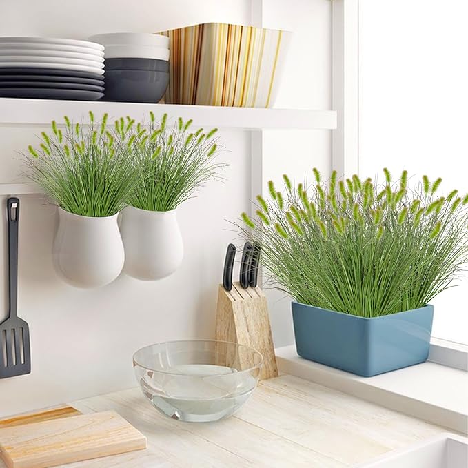 14PCS Artificial Dog Tail Grass Plant UV Resistant Outdoors Faux Plants Ornamental Wheat Grass Cattails Artificial Flowers Home Decor for Outdoor Garden (14, Dark Green with Dog Tail)