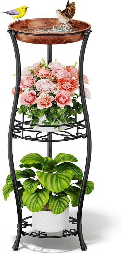 Homsorout Plant Stand Indoor Outdoor - 3 Tier 32" Tall Metal Plant Shelf with Bird Bath, Rustproof Stable Flower Pot Holder for Planter Corner Garden Balcony Patio, Black