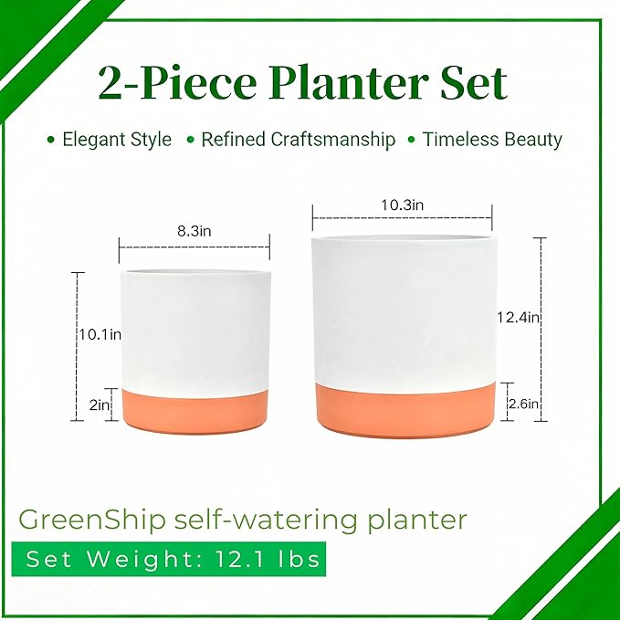 GreenShip Planter Set of 2 (10.3'' & 8.3'') – Dual-Use Self-Watering or Traditional Indoor Cylinder Flower Pots with Saucers & Side Drainage – Durable Lightweight Clay & Resin Blend (W/T)