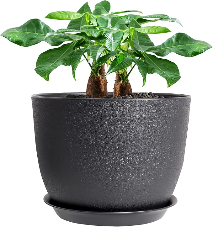 UOUZ 12inch Large Plant Pot, Modern Plastic Planter with High Driange Holes and Saucer for Indoor Outdoor Garden Plants and Flowers, Black