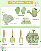 Handmade Kids Gardening Tools Set - 8Pc Artisan Garden Kit with Real Wood Handles, Metal Heads, Frog Hat, Panda Apron & Tote - Nature Learning Gift for Toddlers & Kids (Sage Green)