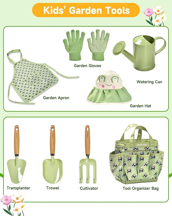 Handmade Kids Gardening Tools Set - 8Pc Artisan Garden Kit with Real Wood Handles, Metal Heads, Frog Hat, Panda Apron & Tote - Nature Learning Gift for Toddlers & Kids (Sage Green)