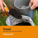 Fiskars 3-in-1 Garden Tool Set, Polished Cast-Aluminum Heads for Rust Resistance, Heavy-Duty Trowel, Transplanter & Cultivator for Digging and Planting, Non-Slip SoftGrip Handles Reduce Fatigue