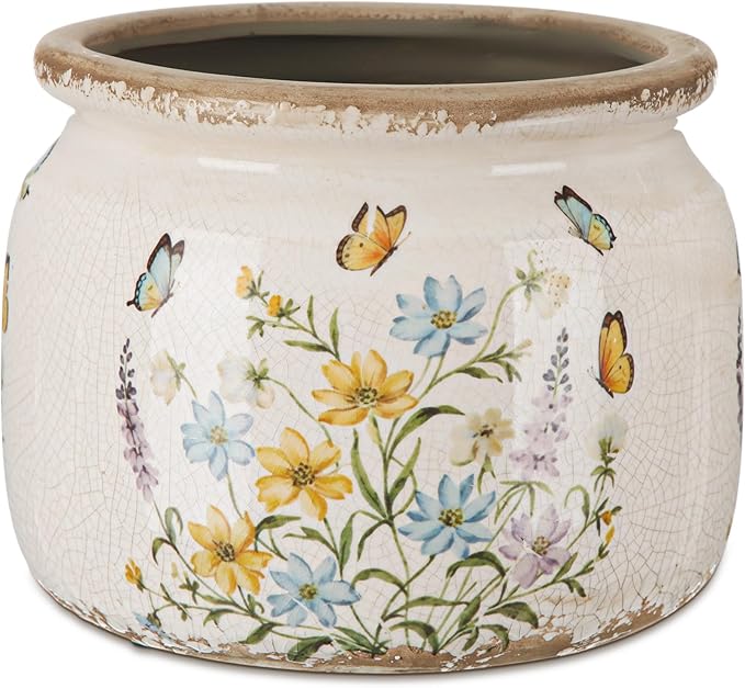 7.7″ Large Vintage Ceramic Plant Pot with Butterfly Pattern Warm Yellow Rustic Planter with Ice Crackle Glaze & Drainage Hole for Indoor Outdoor Plants Home Kitchen Office Decor Gift