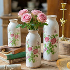 Vintage Vase Set of 3, Ceramic Vintage Flower Vases, Decorative Home Decor Retro Floral Vase Rustic Farmhouse Decor for Table Bookshelf Mantel Kitchen Living Room Office - Pink Flower