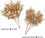 Fake Plants Golden Bouquet Christmas Ornaments, PASYOU Artificial Flowers Plastic Shrubs Grass Leaves Indoor Outdoor Home Garden Party Hotel Wedding Event Decorations Faux DIY Table Decor, Gold 4 Pack