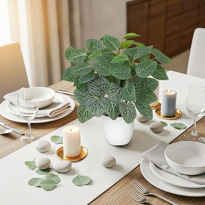 Oairse Artificial Fittonia Plants in White Pot - 15.7" Fake Nerve Plant Indoor Silk Faux Fittonia Plants Artificial Greenery Potted Small Faux Potted Plant for Office Desk Home Decor Shelf Bathroom