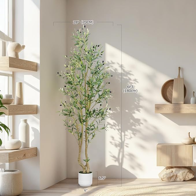 HZXGCP 6ft Artificial Olive Tree Indoor, Fake Olive Tree with White Pot, Faux Olive Tree with Dense Leaves & Realistic Fruits, Tall Artificial Plant for Home Living Room Office Entryway Decor
