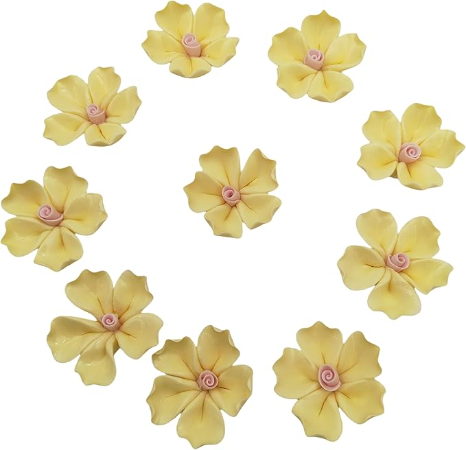 10 PCS 3D Flower Ceramic Tiles,1.6" Handmade Procelain Ceramic Flowers for Artwork,Fish Tank,Vases,Living Room, Dining Table,Office, Home Floral Decor (Single-Flowered Light Yellow)